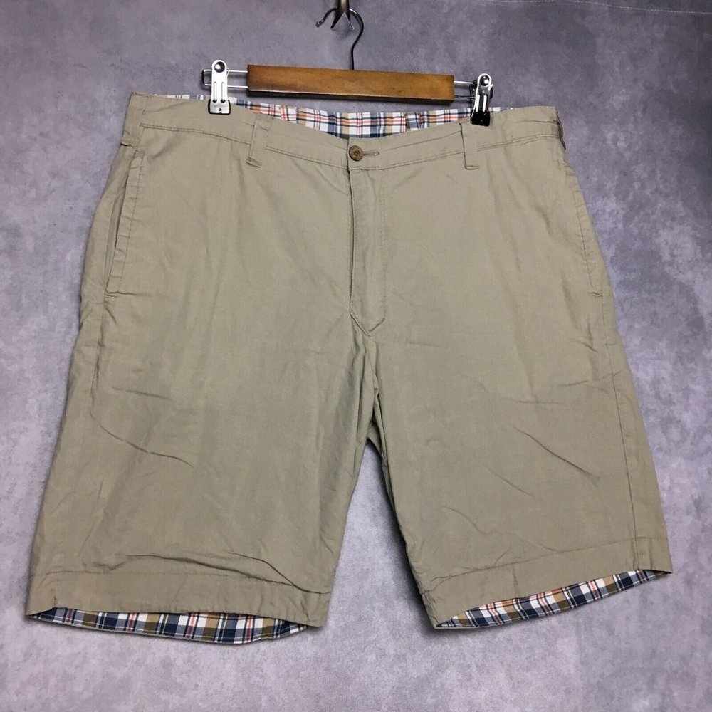 Olde‎ School Mens Reversible Shorts size 36 Tan Flat Front Indian Madras Plaid
